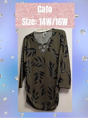 Cato Olive Green Long-Sleeve Lace-Up Leaf Print Shirt